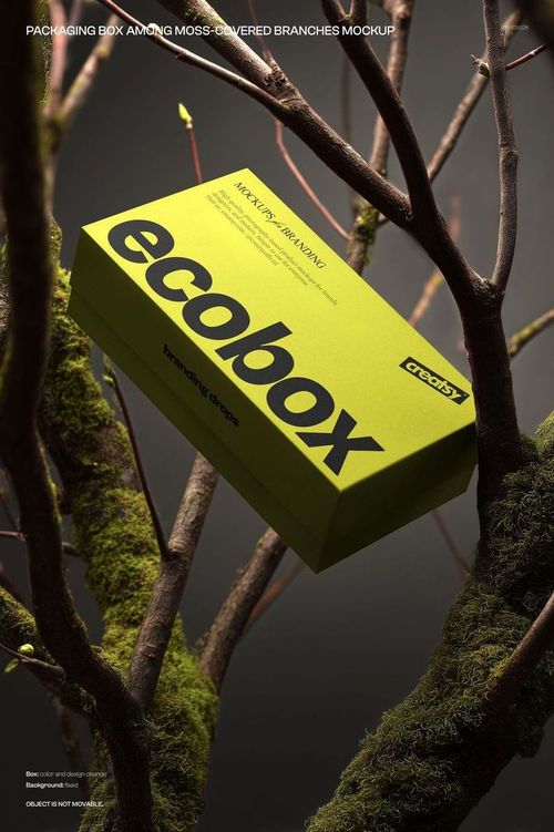 Front view of a green box mockup labeled ecobox, surrounded by natural moss and brown branches on a dark background.