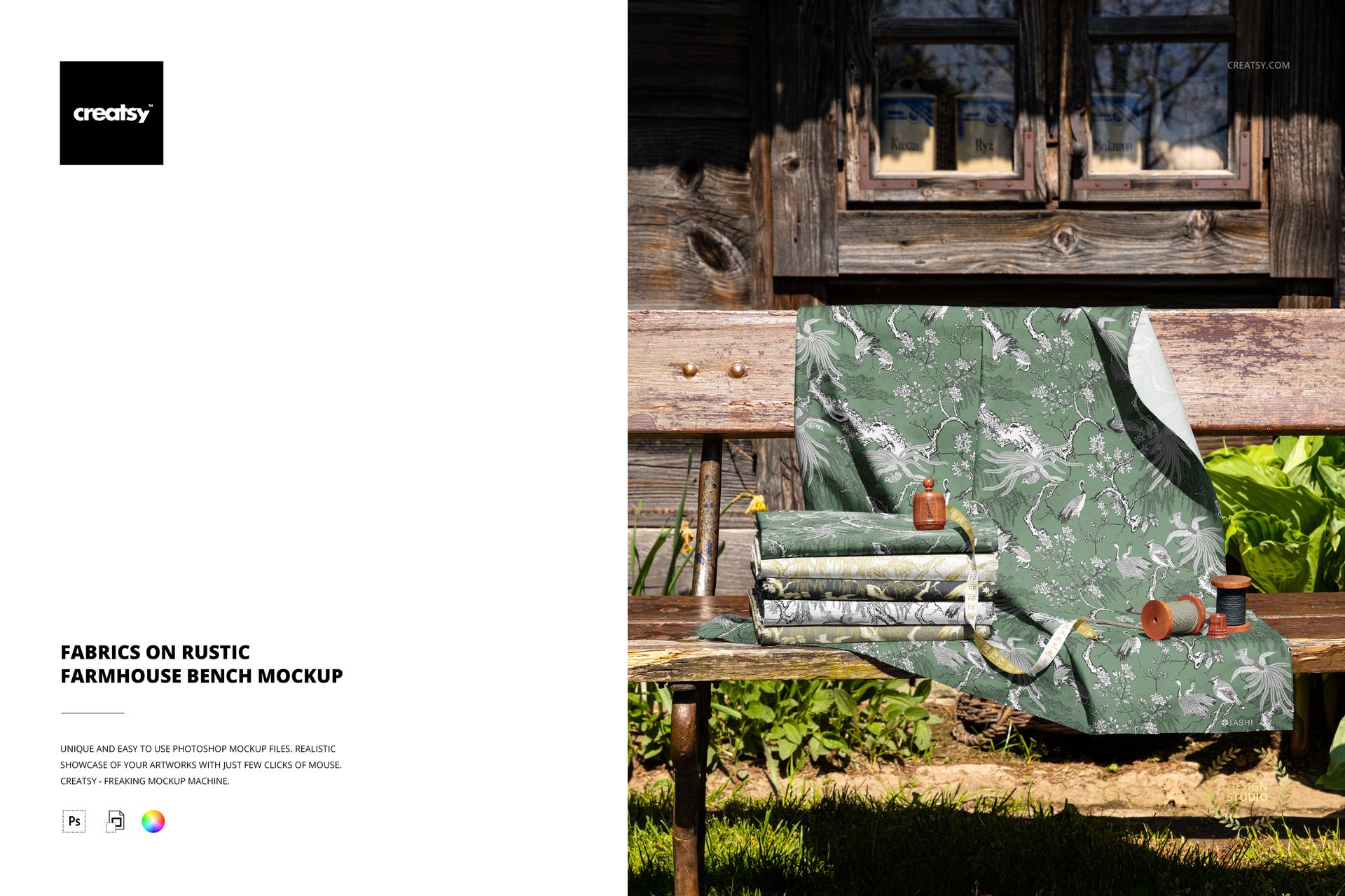 Green and beige textile mockup featuring rolled and folded fabrics on a weathered bench in a countryside setting.