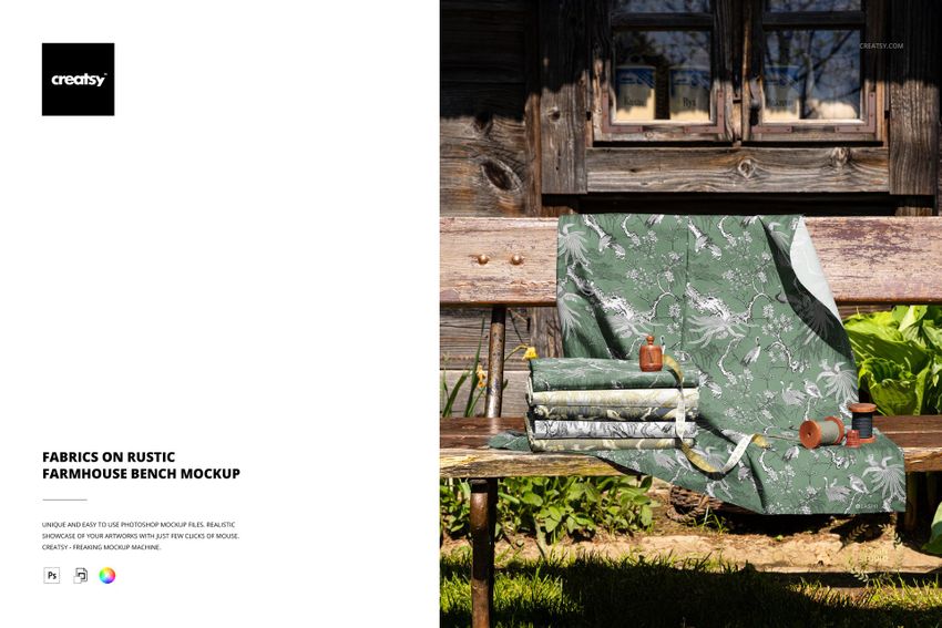 Fabrics on Rustic Farmhouse Bench Mockup - mockup screenshot 1