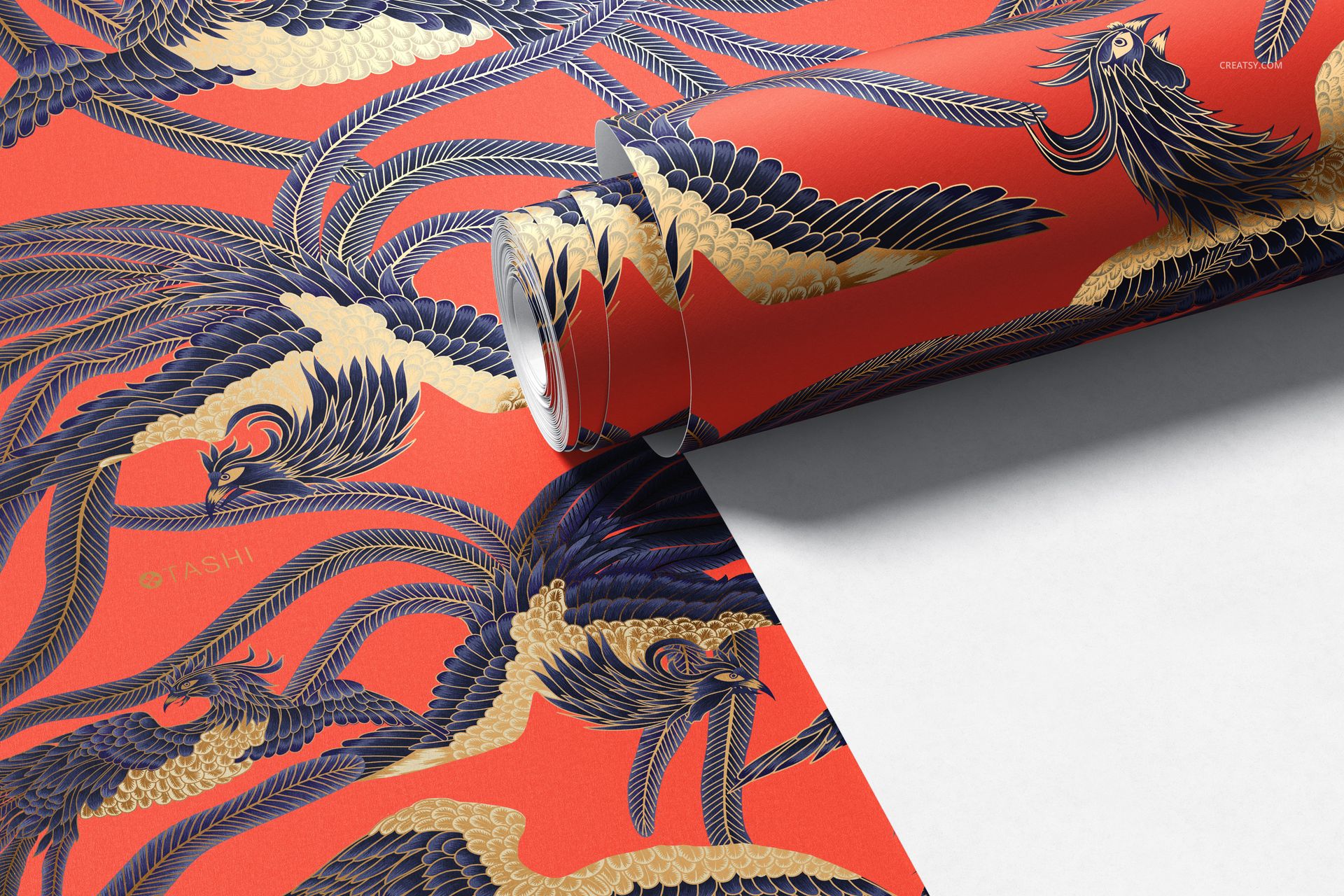 Detailed PSD mockup of paper wallpaper with a vibrant red base and elegant gold and black bird motif, displayed partially rolled.