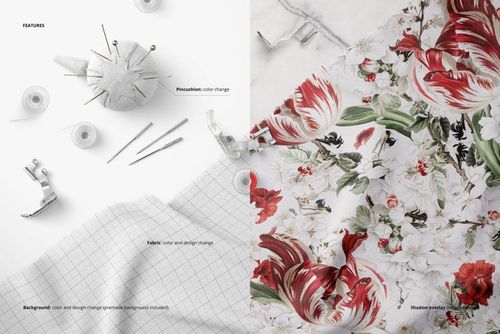 PSD mockup showing assorted sewing supplies and fabrics with vibrant flower print and geometric grid pattern.
