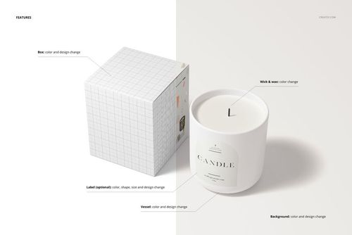 Nordic style candle mockup featuring a white vessel candle with label and a grid-patterned box, shown on a light background.