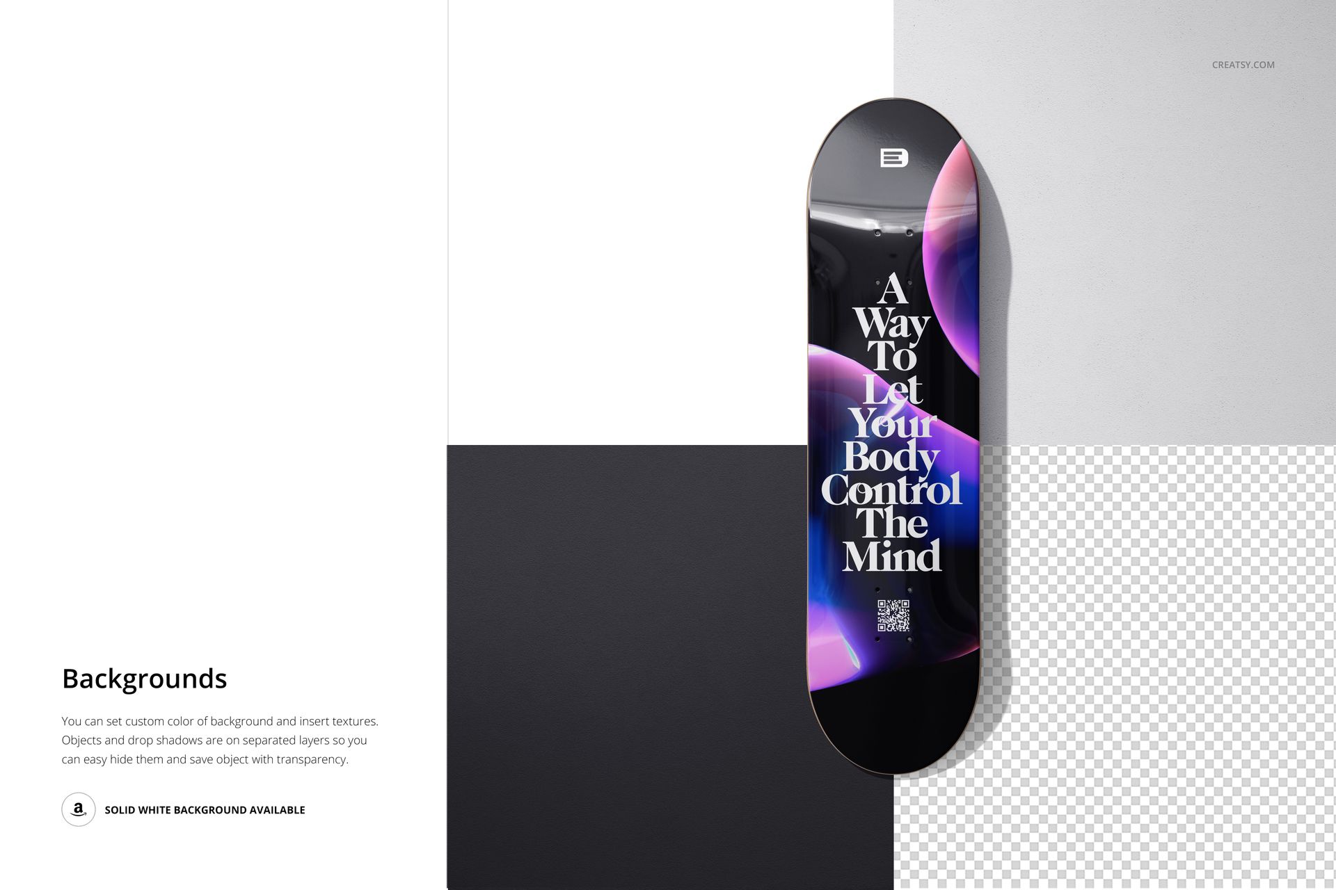 Skateboard deck mockup with clear epoxy resin coating, featuring abstract purple and black patterns, top view.