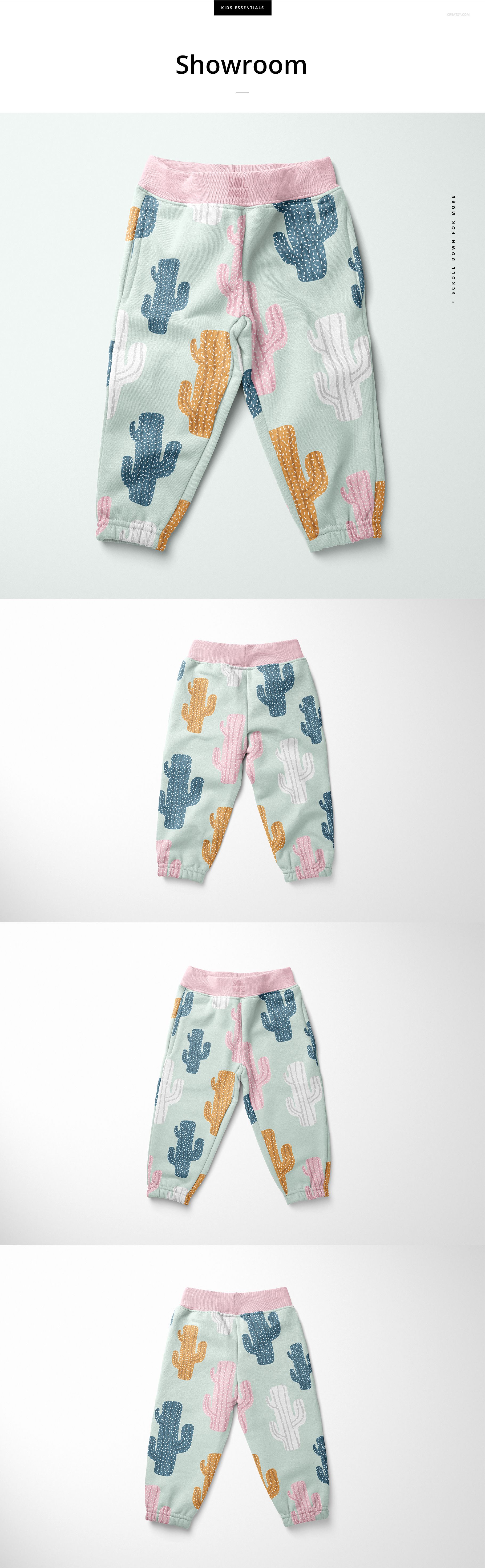 Kids fleece joggers with pastel cactus pattern, shown from above on a light background in a PSD mockup set.