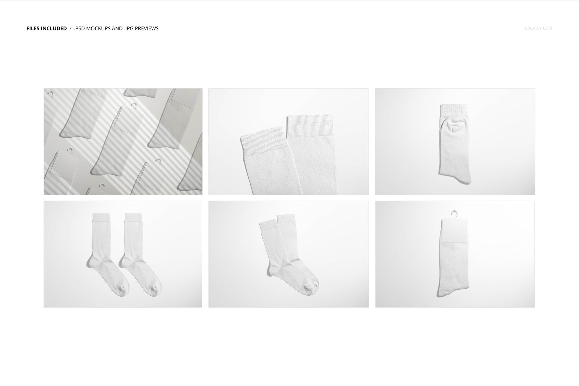 Set of medium cuff socks mockup displayed in various angles including top view, side view, and flat lay on a white background.