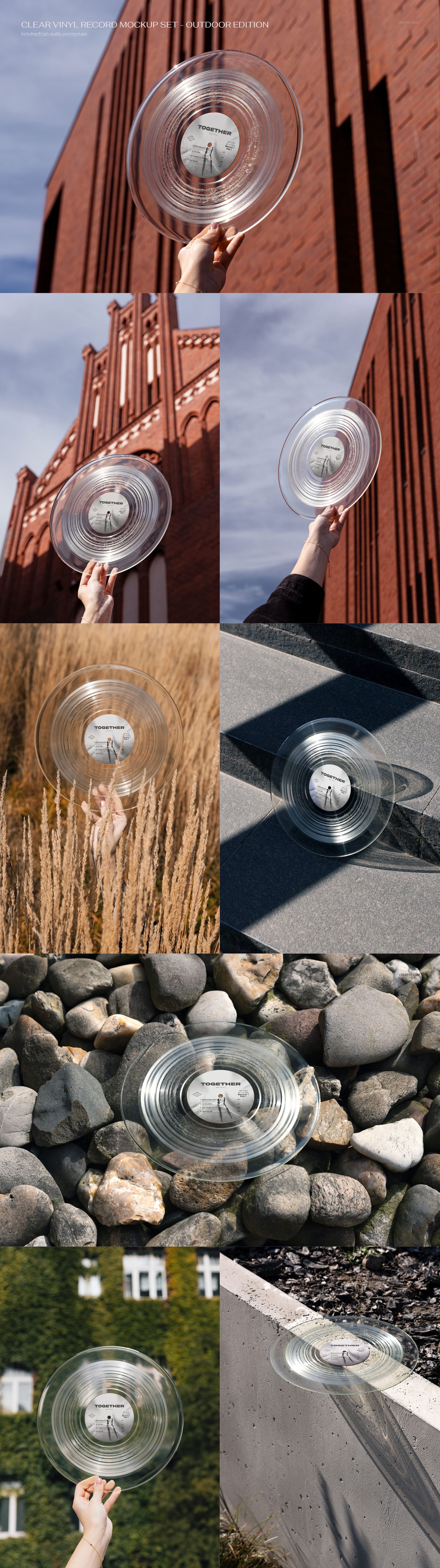 Transparent vinyl record mockup shown in multiple outdoor scenes, featuring hands holding the record near buildings and nature.