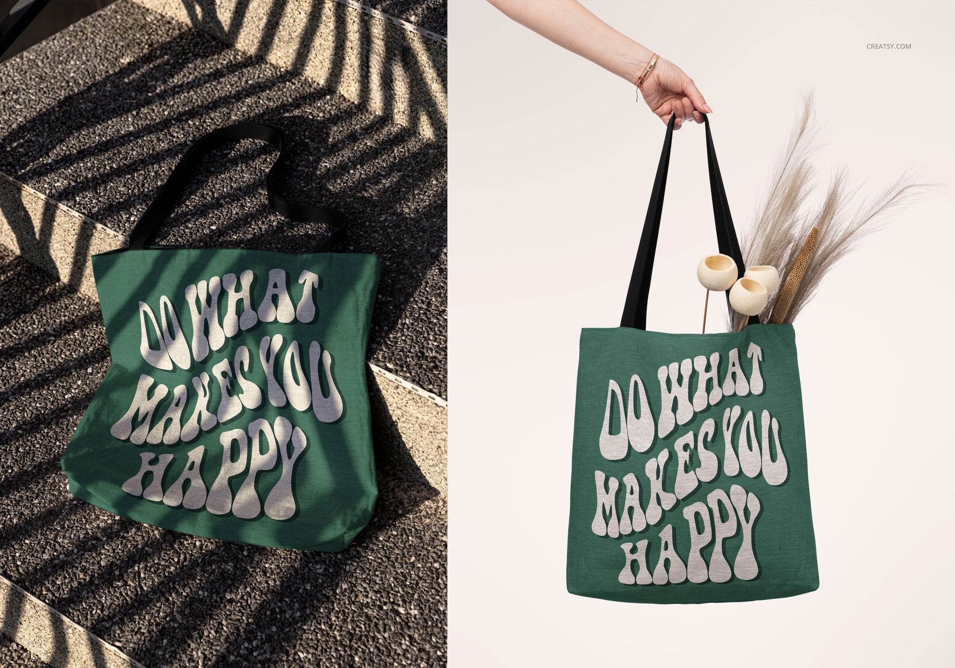 PSD mockup of a green woven tote bag with large white text, pictured on sunlit steps and held against a neutral background.