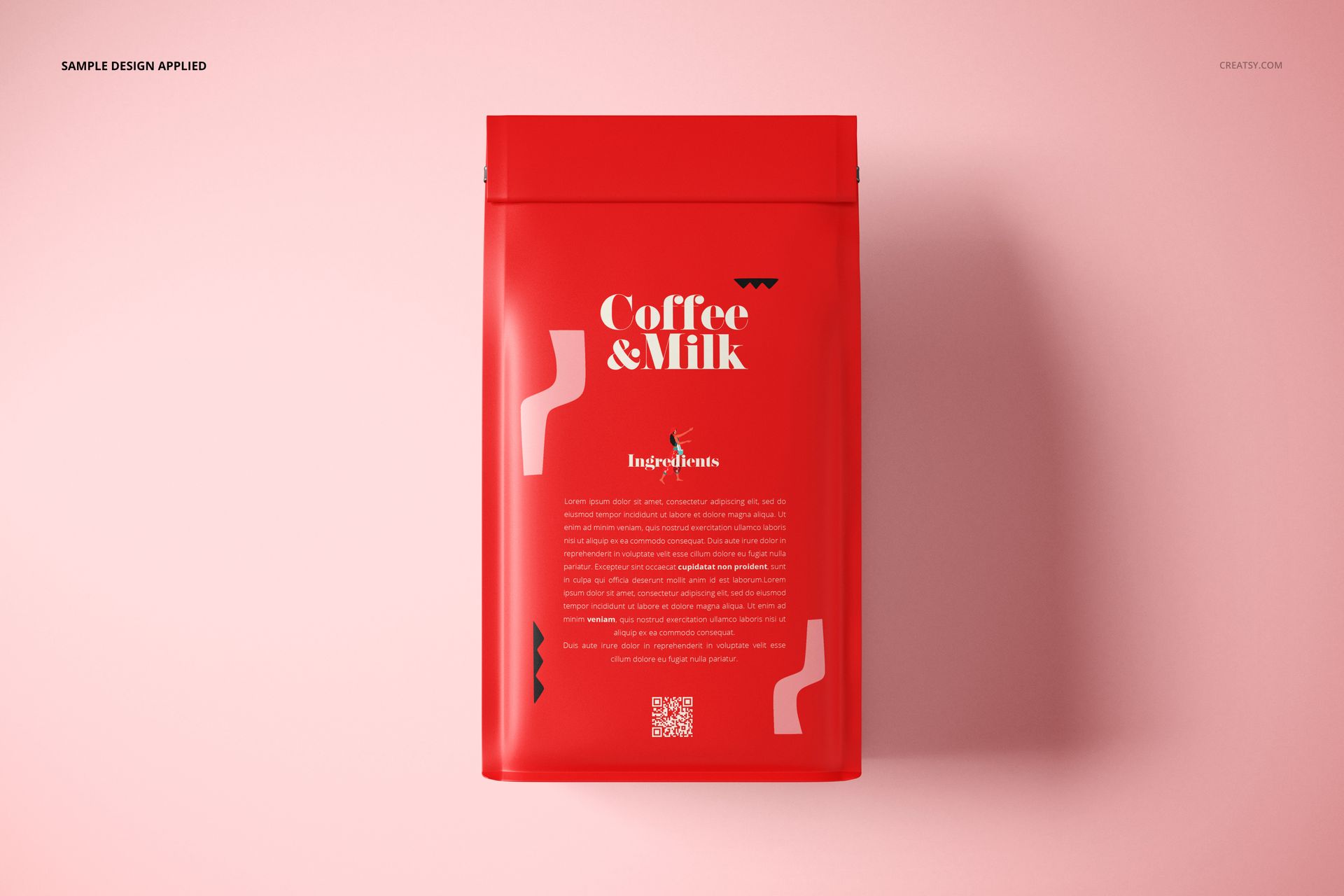 Side gusset bag mockup featuring a red packaging with white text and abstract shapes, shown from a top view on a pink background.