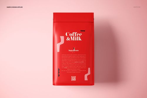 Side gusset bag mockup featuring a red packaging with white text and abstract shapes, shown from a top view on a pink background.
