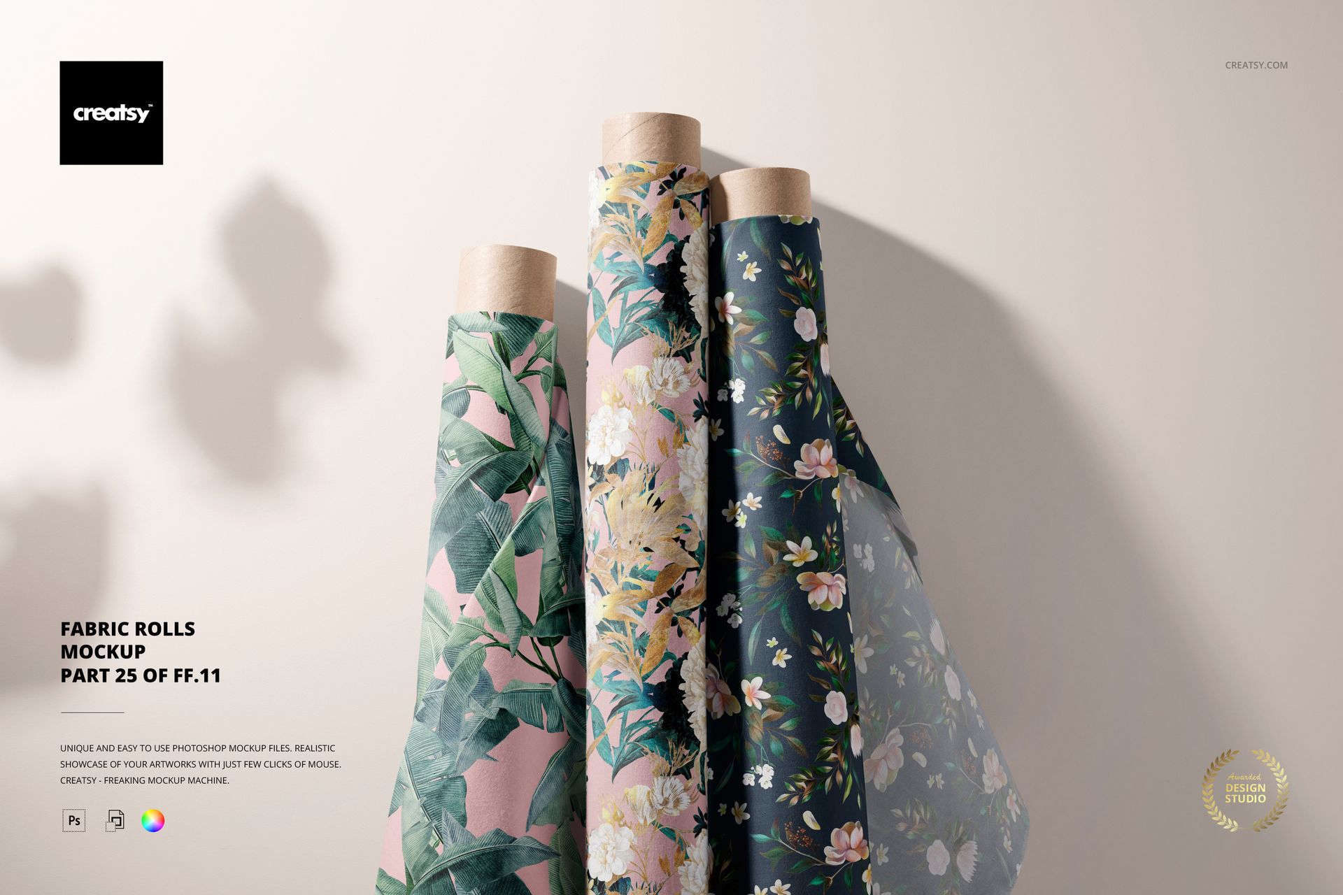 Fabric rolls mockup showing assorted floral and leafy prints, with soft natural lighting and a minimalist setting.