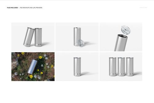 PSD mockup set of skinny stainless steel tumblers, shown upright, on grass, and with transparent lids in different angles.