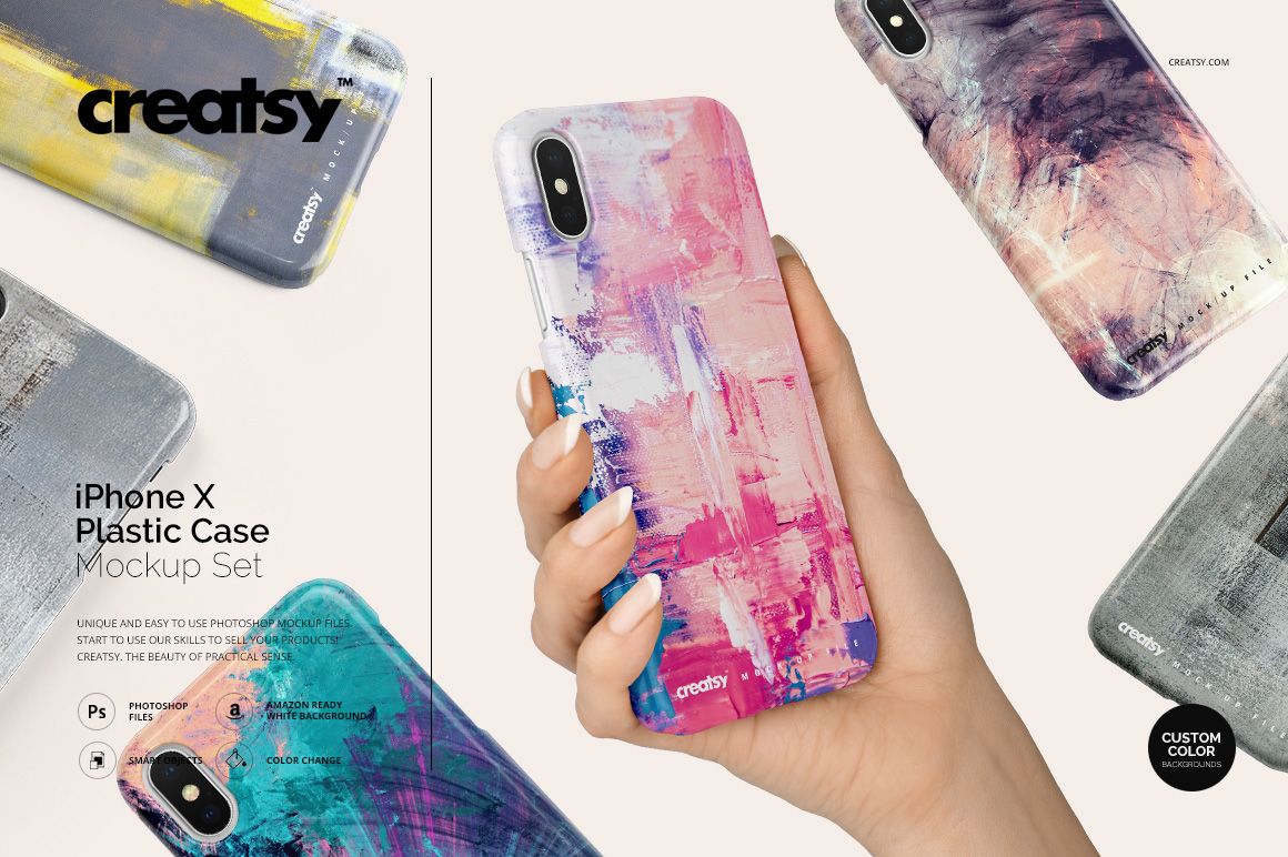 iPhone X PSD mockup set showing multiple plastic cases in various pastel abstract patterns, viewed from different angles.
