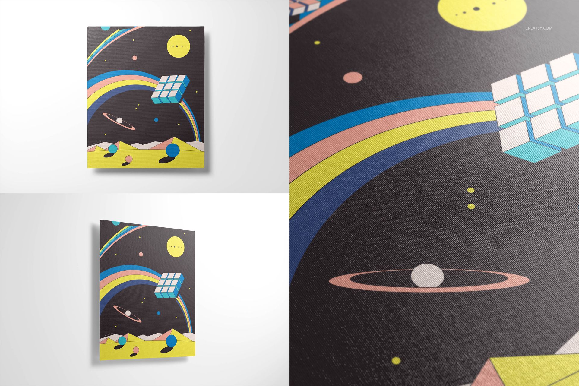 Square canvas wall art mockup with a colorful geometric space-themed design, shown from front and angled views.