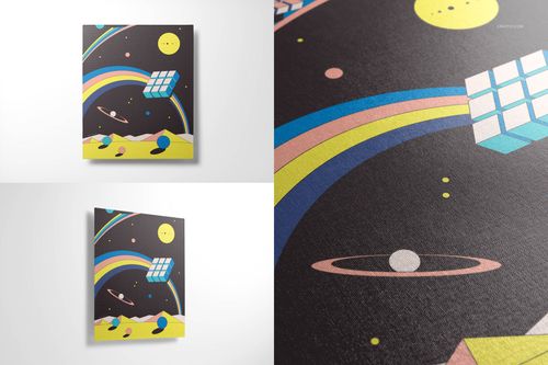 Square canvas wall art mockup with a colorful geometric space-themed design, shown from front and angled views.