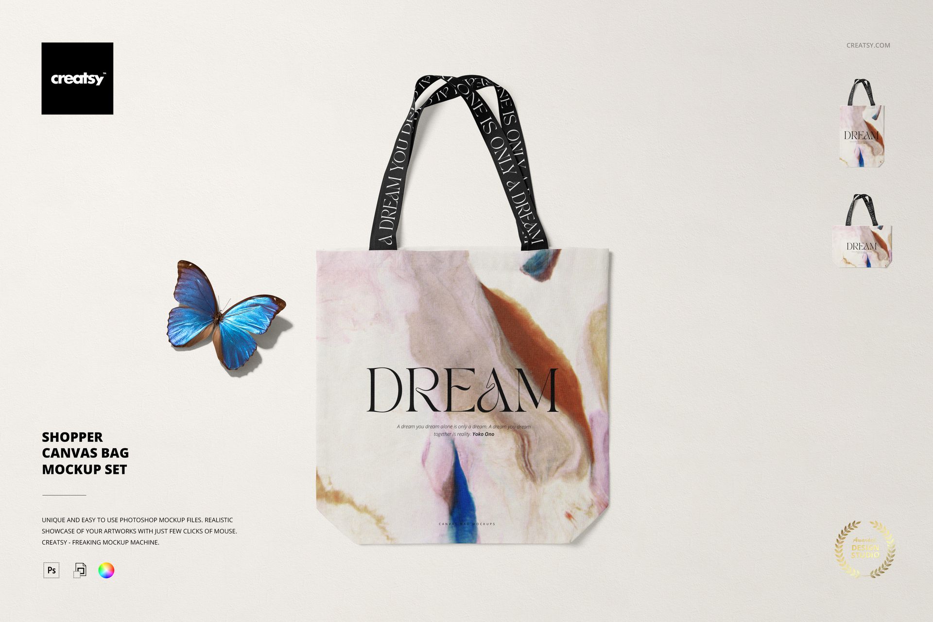 Shopper canvas bag mockup featuring multicolor swirled design, bold black lettering, and decorative black straps.