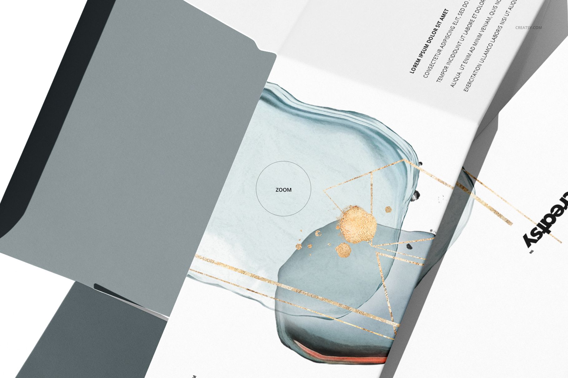 Mockup of an open snap lock bottom box featuring a blue and gold abstract pattern, viewed from above.