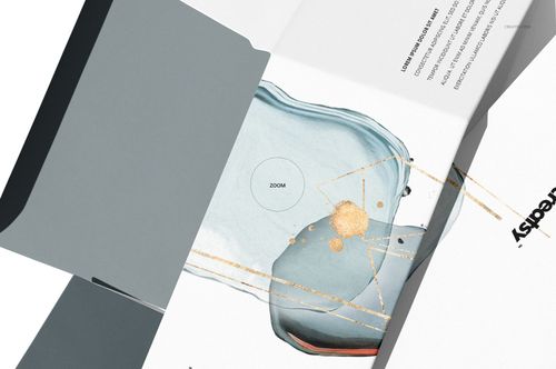 Mockup of an open snap lock bottom box featuring a blue and gold abstract pattern, viewed from above.