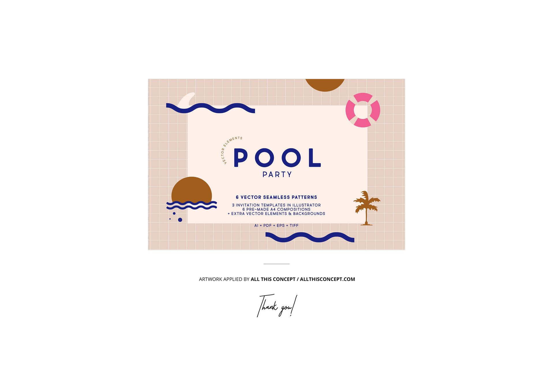Rectangular card with pool party text, abstract waves, lifebuoy, palm tree, and geometric shapes on a beige grid background.
