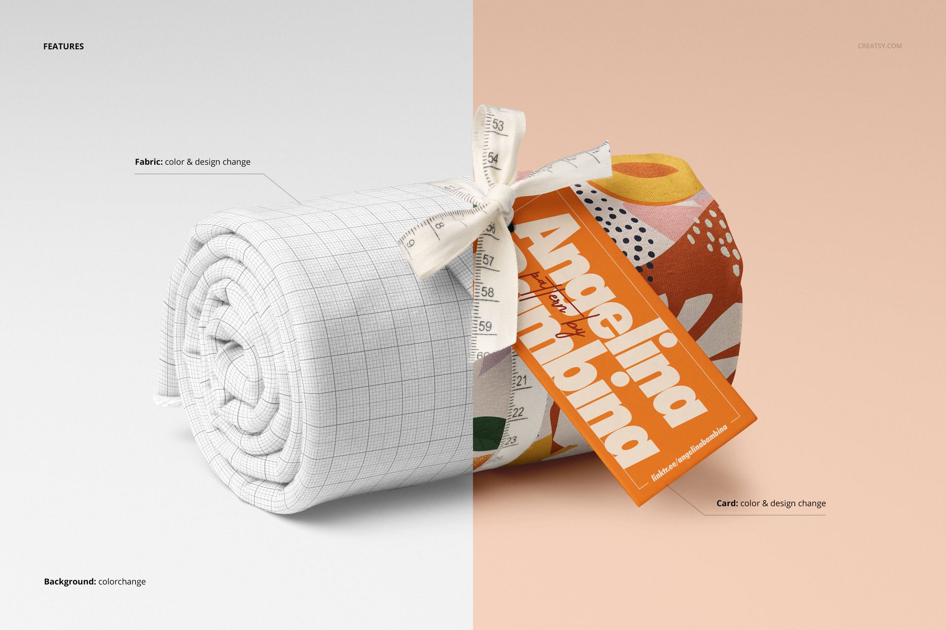 Jersey fabric roll mockup featuring a split design with plain grid and colorful abstract patterns, displayed with ribbon and tag.