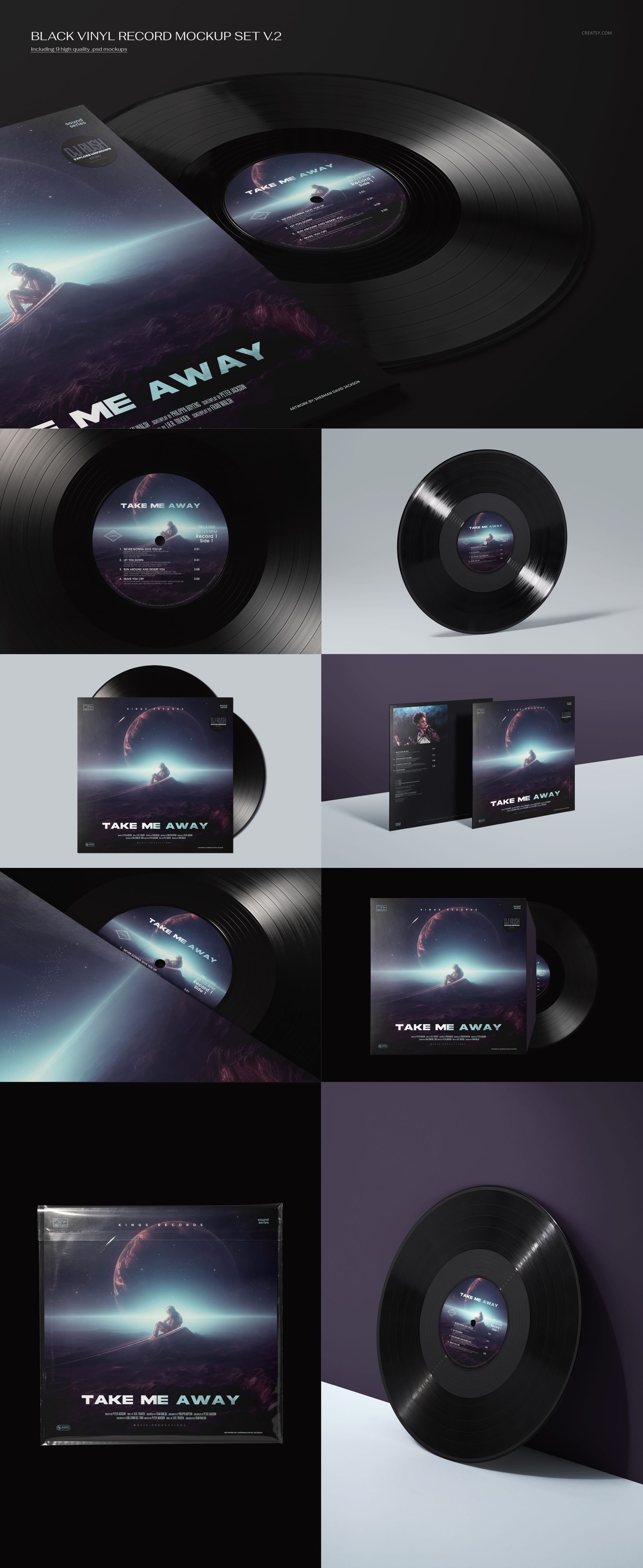 Vinyl record mockup bundle showing classic black vinyl discs and album covers with a space-inspired artwork, front and angled views.
