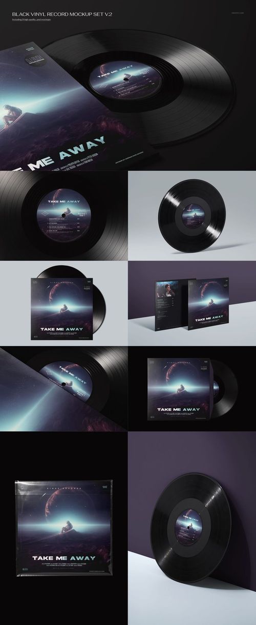 Vinyl record mockup bundle showing classic black vinyl discs and album covers with a space-inspired artwork, front and angled views.