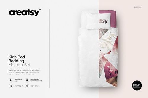 Single bed bedding mockup featuring a white duvet and pillow with abstract geometric patterns, top view on light background.