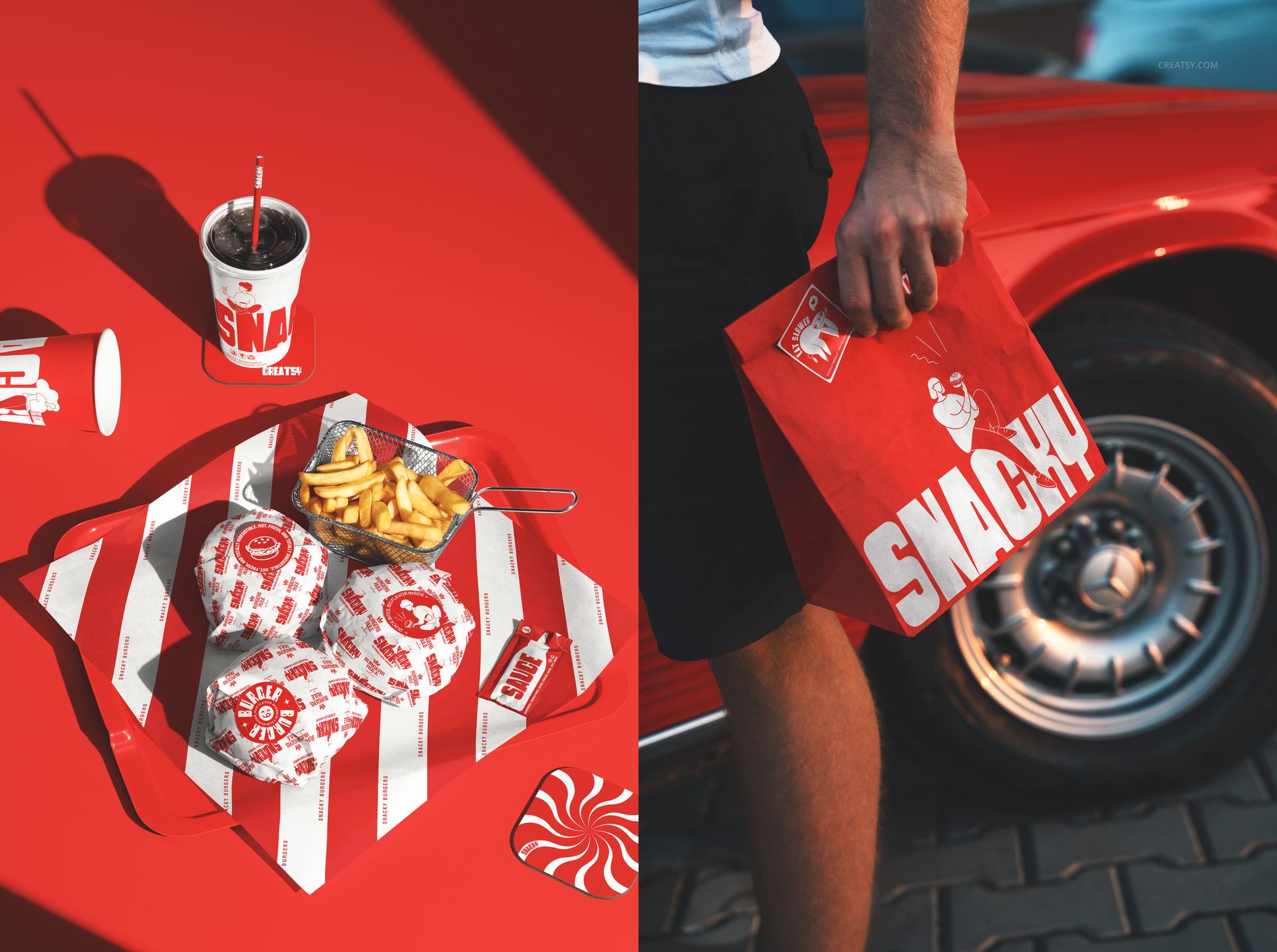 Fast food branding mockup featuring burger wrappers, fries, paper cup, and red-striped tray on a bright red surface.