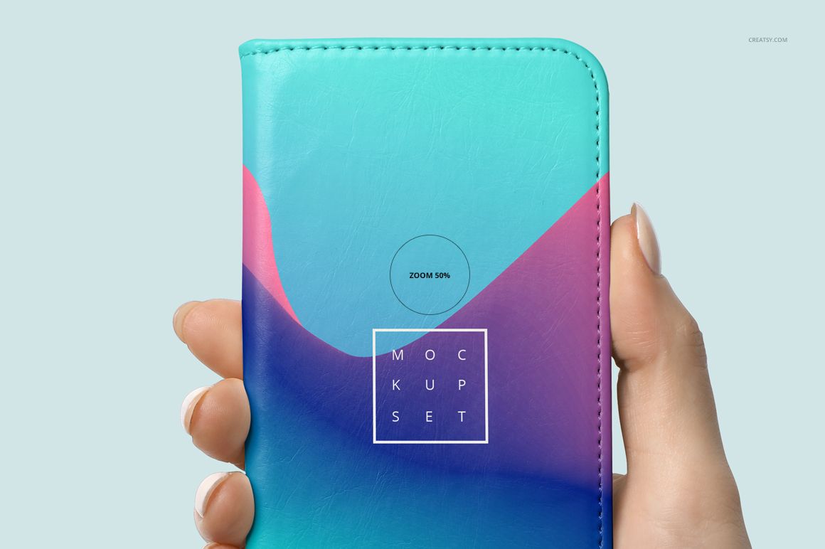 PSD mockup of a foldable iPhone case with turquoise and purple hues, presented in a close-up against a light background.