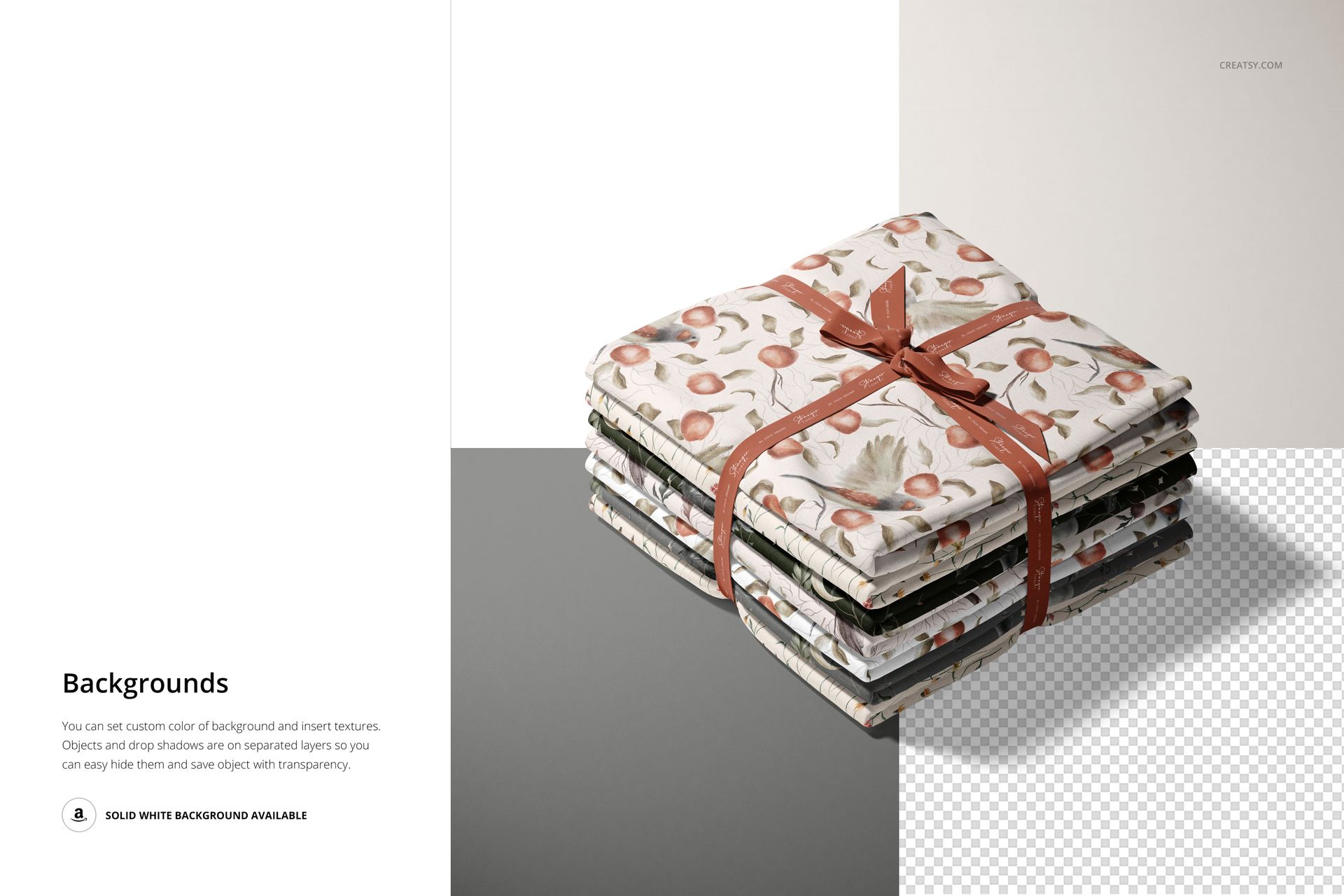 Front view of a fabric stack mockup featuring multiple folded textiles with floral designs and a brown ribbon.