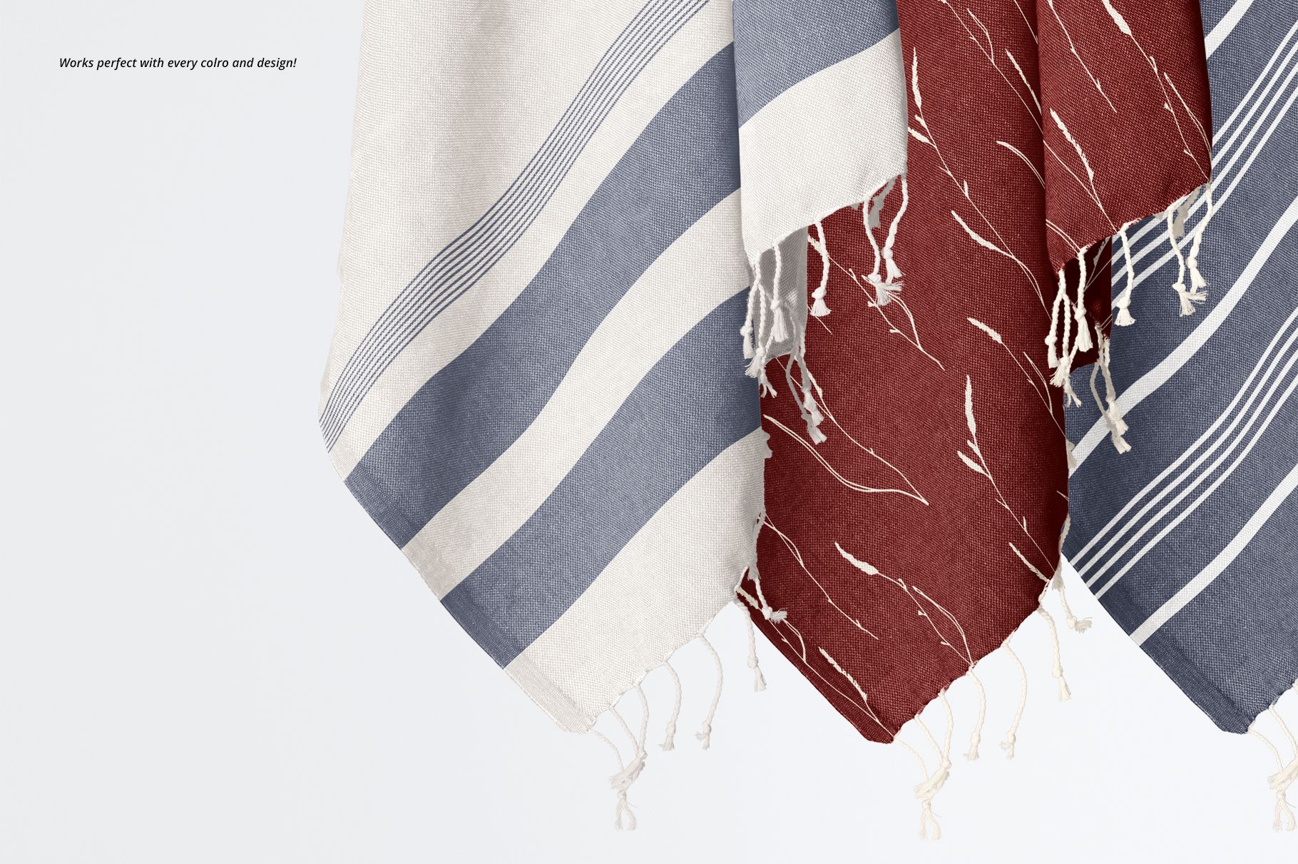 Turkish towel PSD mockup set showing three towels with tassels, displaying different patterns and colors from a front perspective.