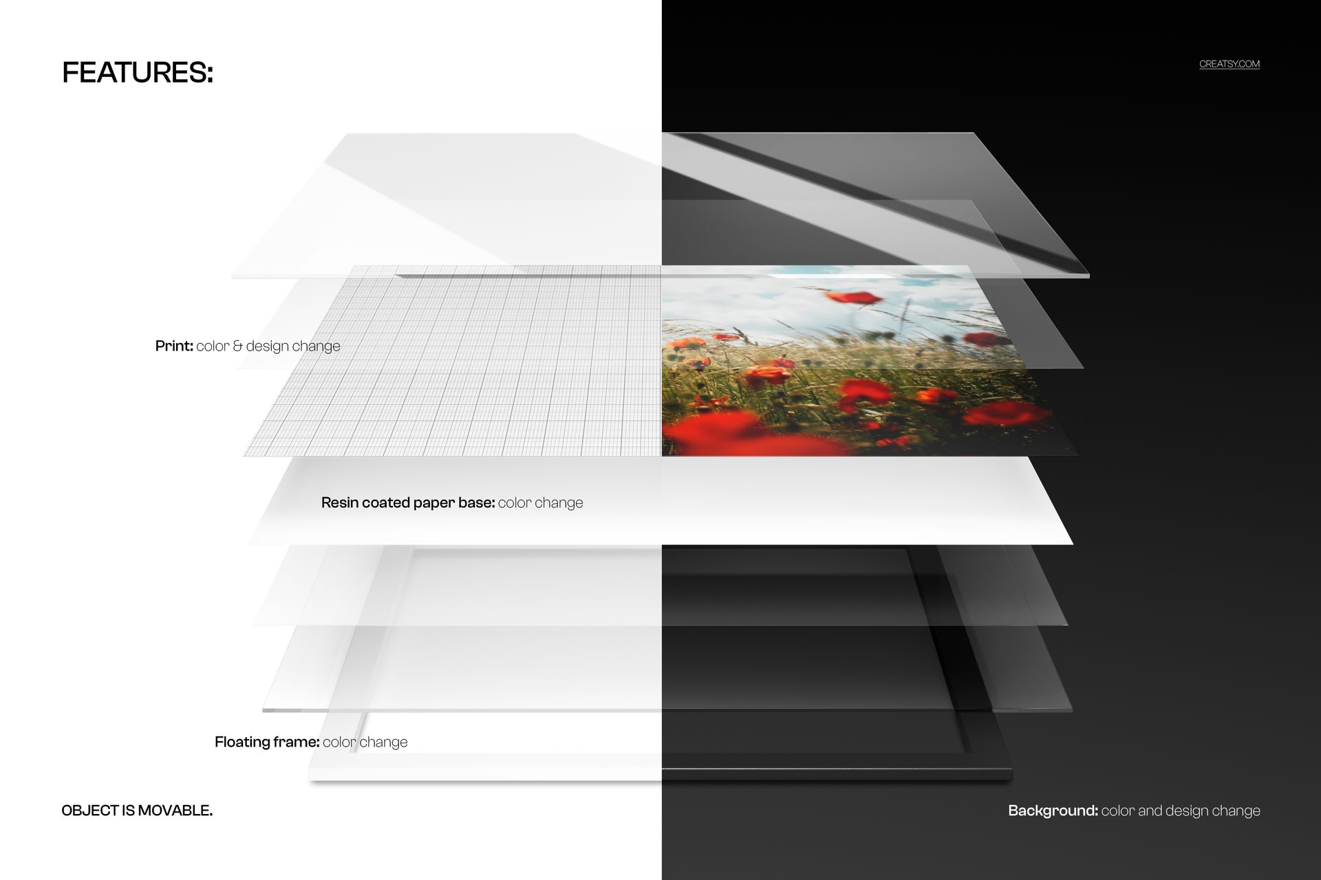 Exploded view of an acrylic print mockup showing multiple transparent layers with a floral photo and grid pattern.