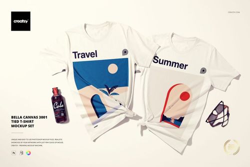 Front view of Bella Canvas 3001 tied t-shirt mockup set featuring bold travel and summer themed prints.