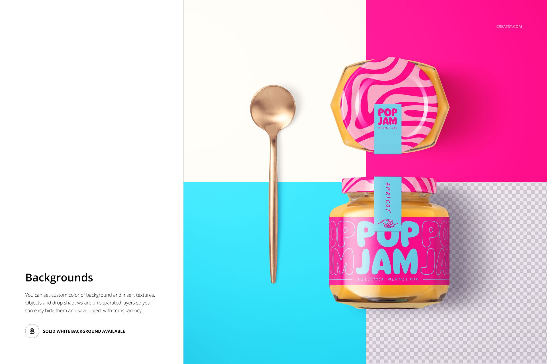 Granadilla jam jar mockup featuring a vibrant pink and yellow label, gold spoon, and geometric background split in four colors.