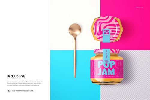 Granadilla jam jar mockup featuring a vibrant pink and yellow label, gold spoon, and geometric background split in four colors.
