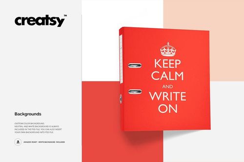 Red binder mockup with bold white lettering and crown icon, displayed on a split white and coral background.