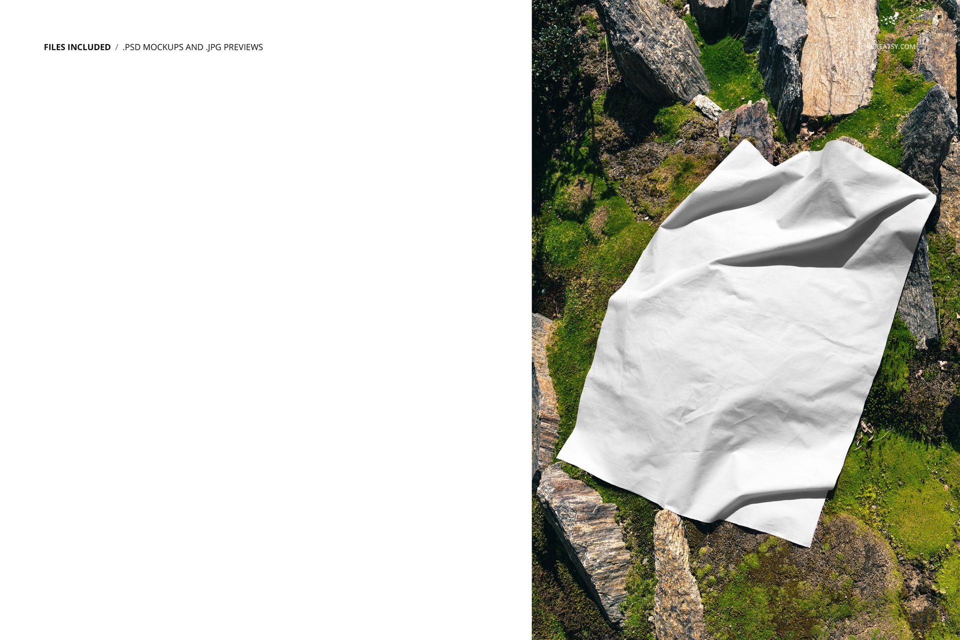 Cotton swatch mockup placed on green moss and rocks in a Japanese-inspired garden, viewed from above.