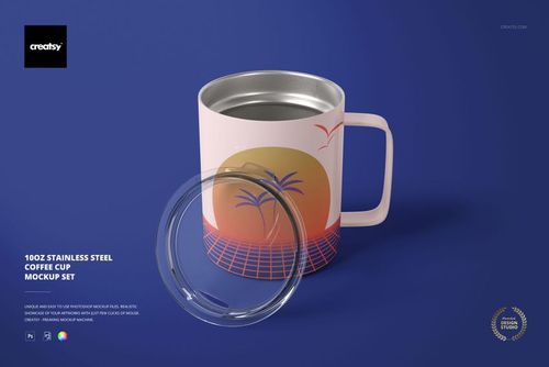 Front view of a white stainless steel coffee cup with a sunset and palm tree design, and a clear lid on a blue background.