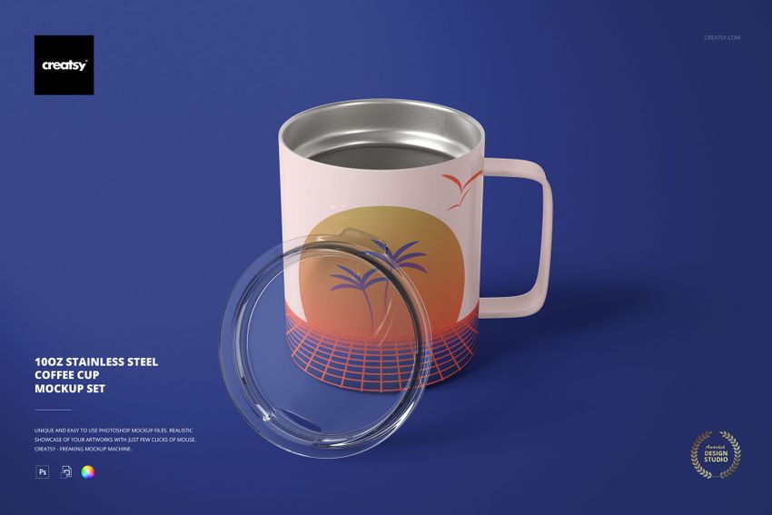 Front view of a white stainless steel coffee cup with a sunset and palm tree design, and a clear lid on a blue background.