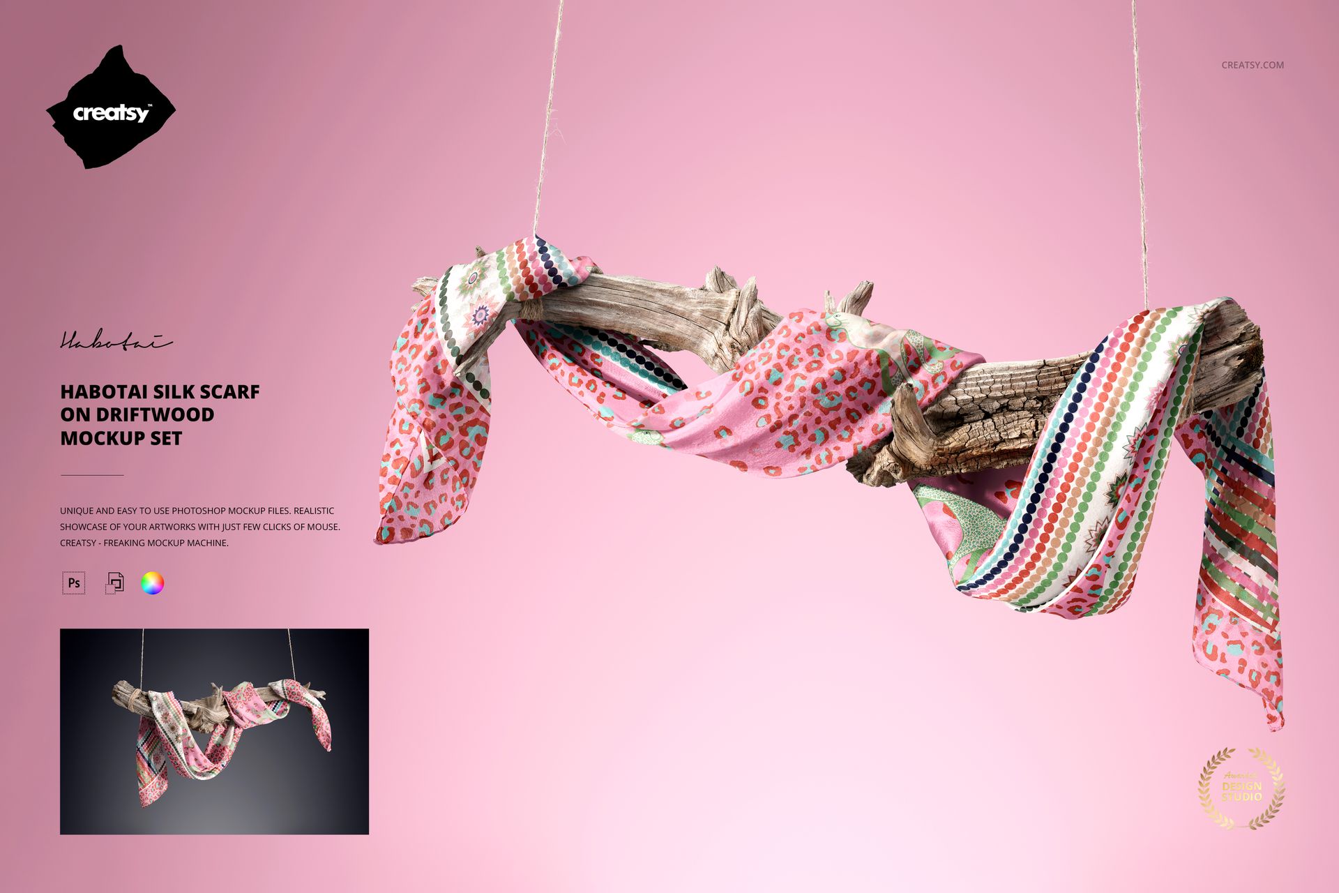 Habotai silk scarf featuring floral and striped designs wrapped around driftwood, mockup scene with pink backdrop.