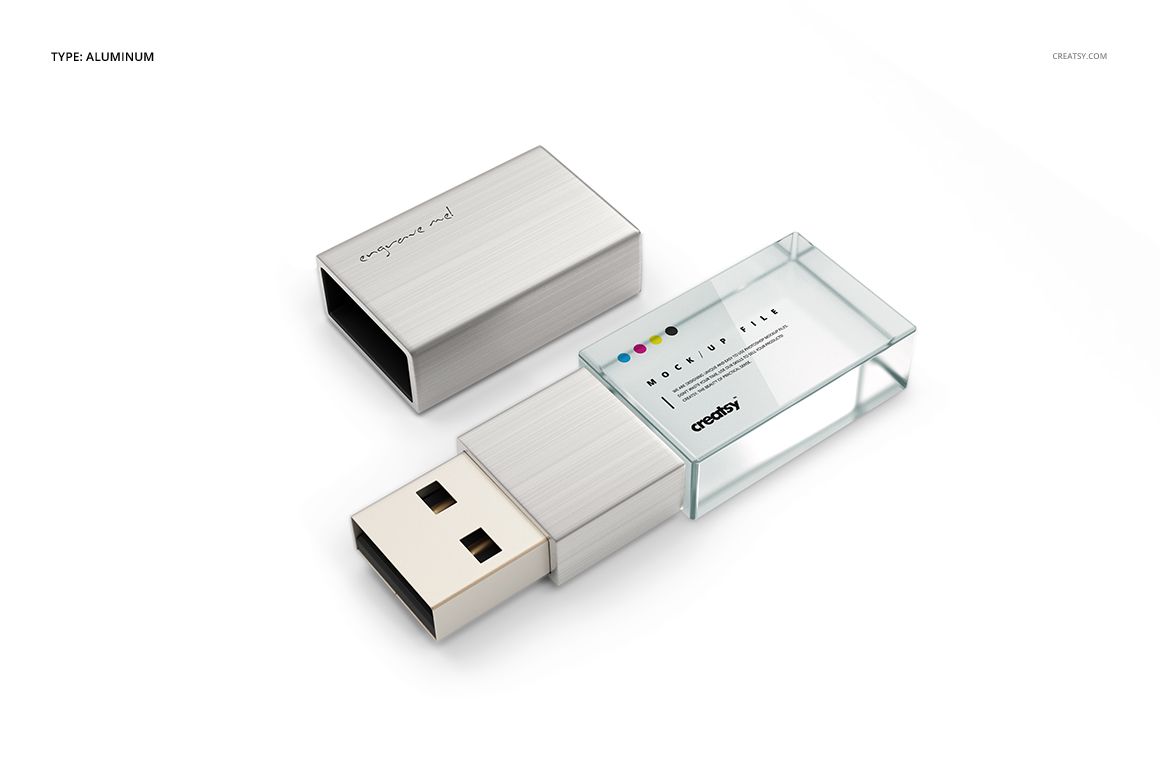 Acrylic USB drive mockup featuring a clear acrylic body and silver metal cap, displayed at a slight angle.