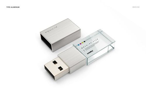 Acrylic USB drive mockup featuring a clear acrylic body and silver metal cap, displayed at a slight angle.