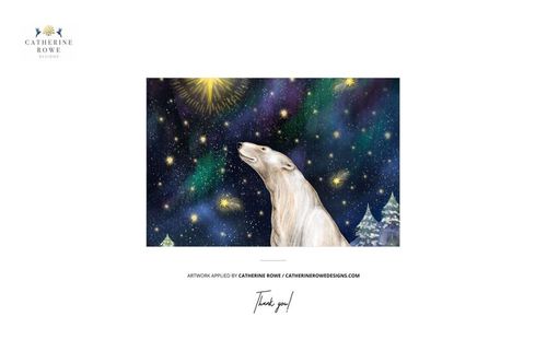 Star-shaped Christmas ornament mockup featuring a polar bear illustration against a colorful starry night sky.
