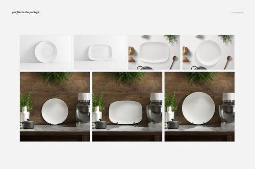 White plate mockup set featuring round and rectangular plates, shown with kitchen props and wooden background.
