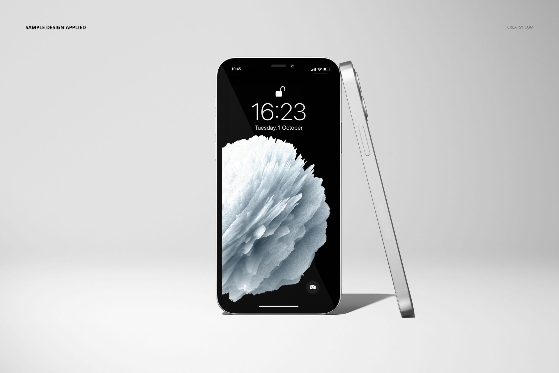 iPhone 12 mockup set featuring a straight-on and angled view, both screens displaying a white textured pattern.