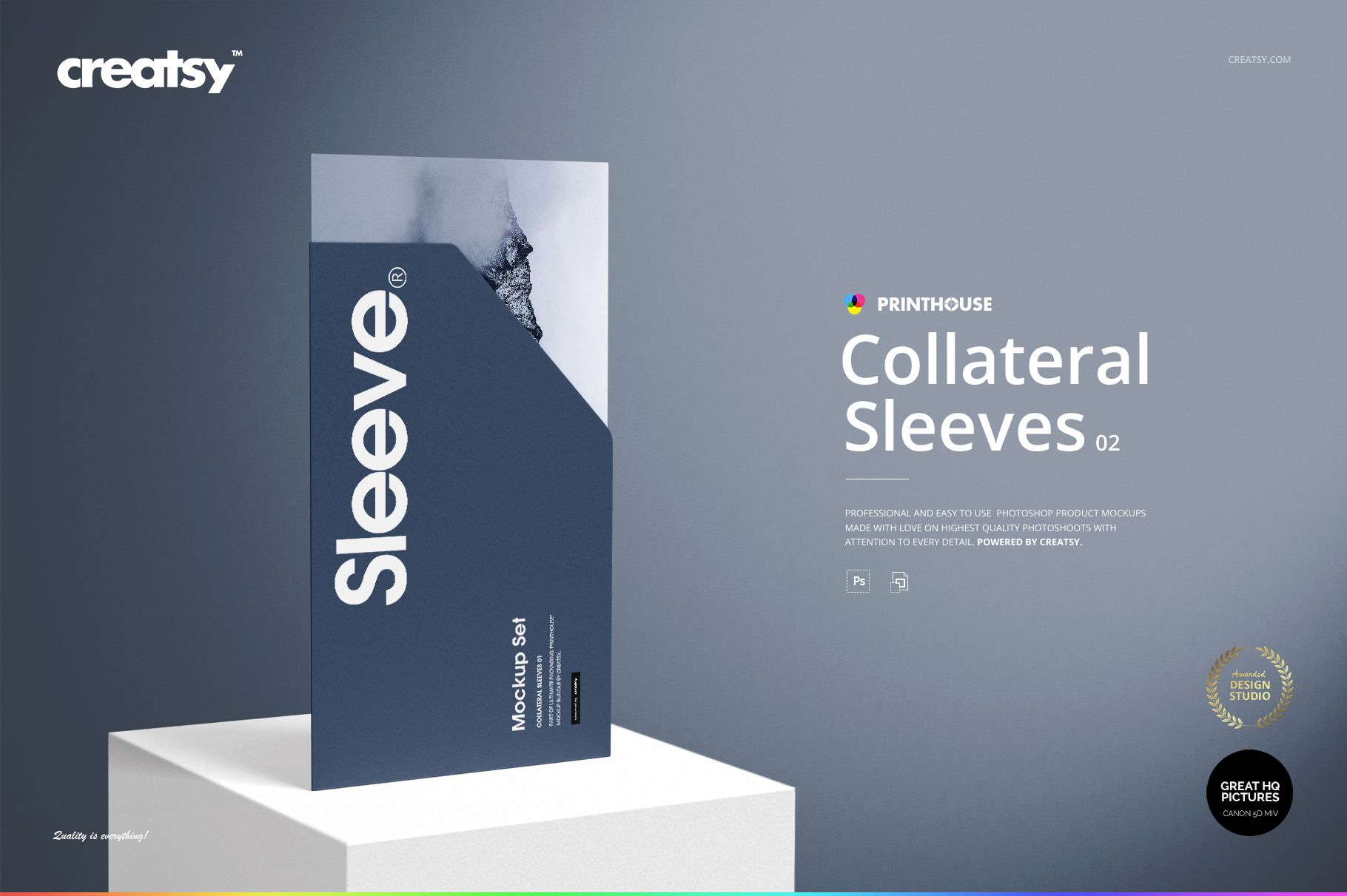 Stationery sleeve mockup featuring a vertical rectangular sleeve in blue tones, positioned on a plain white platform.