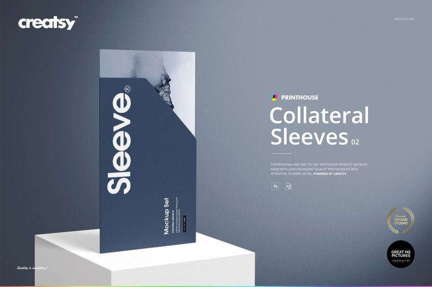 Stationery sleeve mockup featuring a vertical rectangular sleeve in blue tones, positioned on a plain white platform.