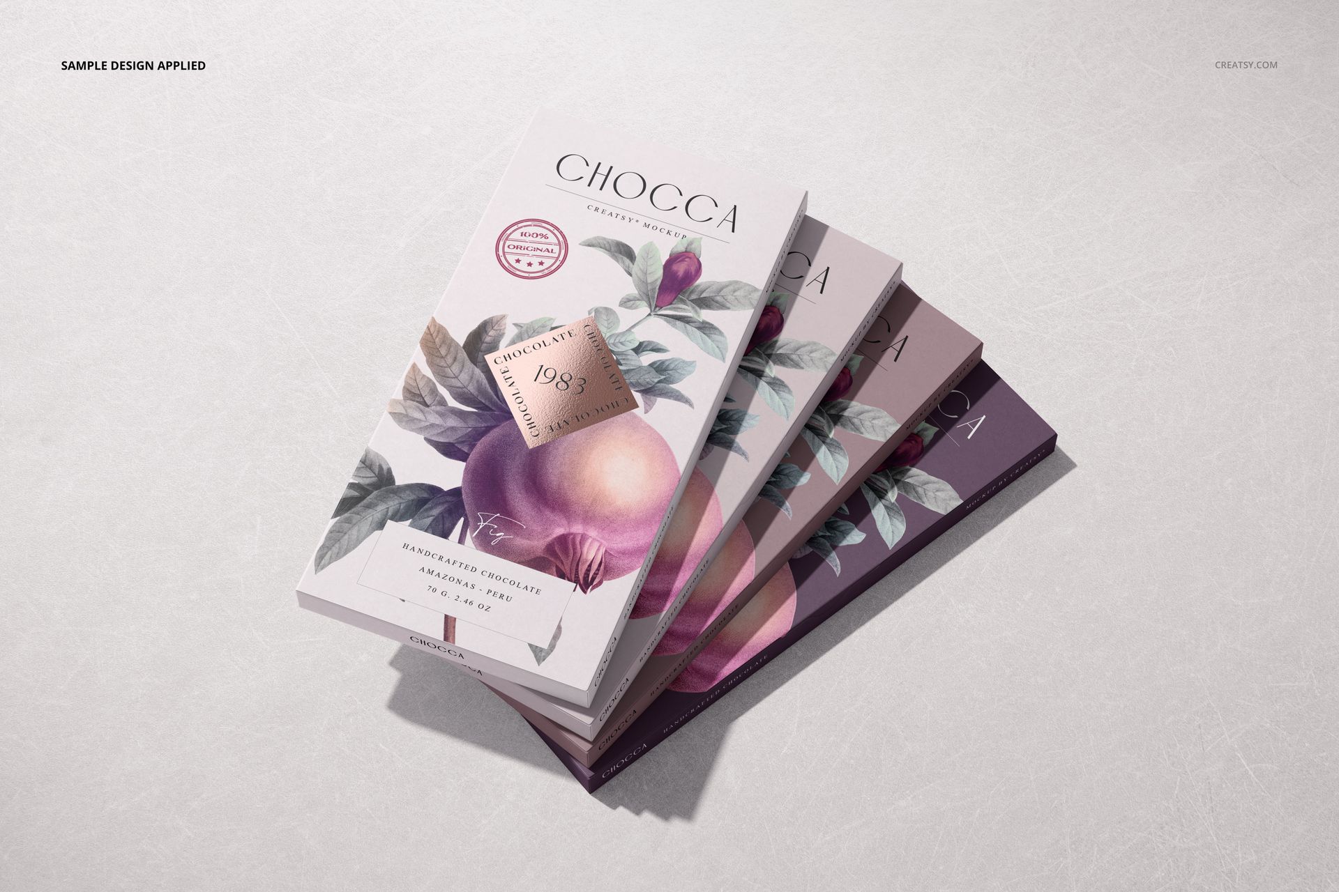 Four chocolate bar packaging mockups with botanical illustrations, arranged in a fanned layout on a light surface.