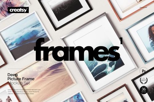PSD mockup featuring a collection of deep wall art frames with landscape and abstract prints, viewed from above.