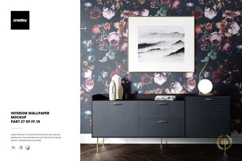 Interior wallpaper mockup showing a floral patterned wall, minimalist black furniture, and decorative framed print.