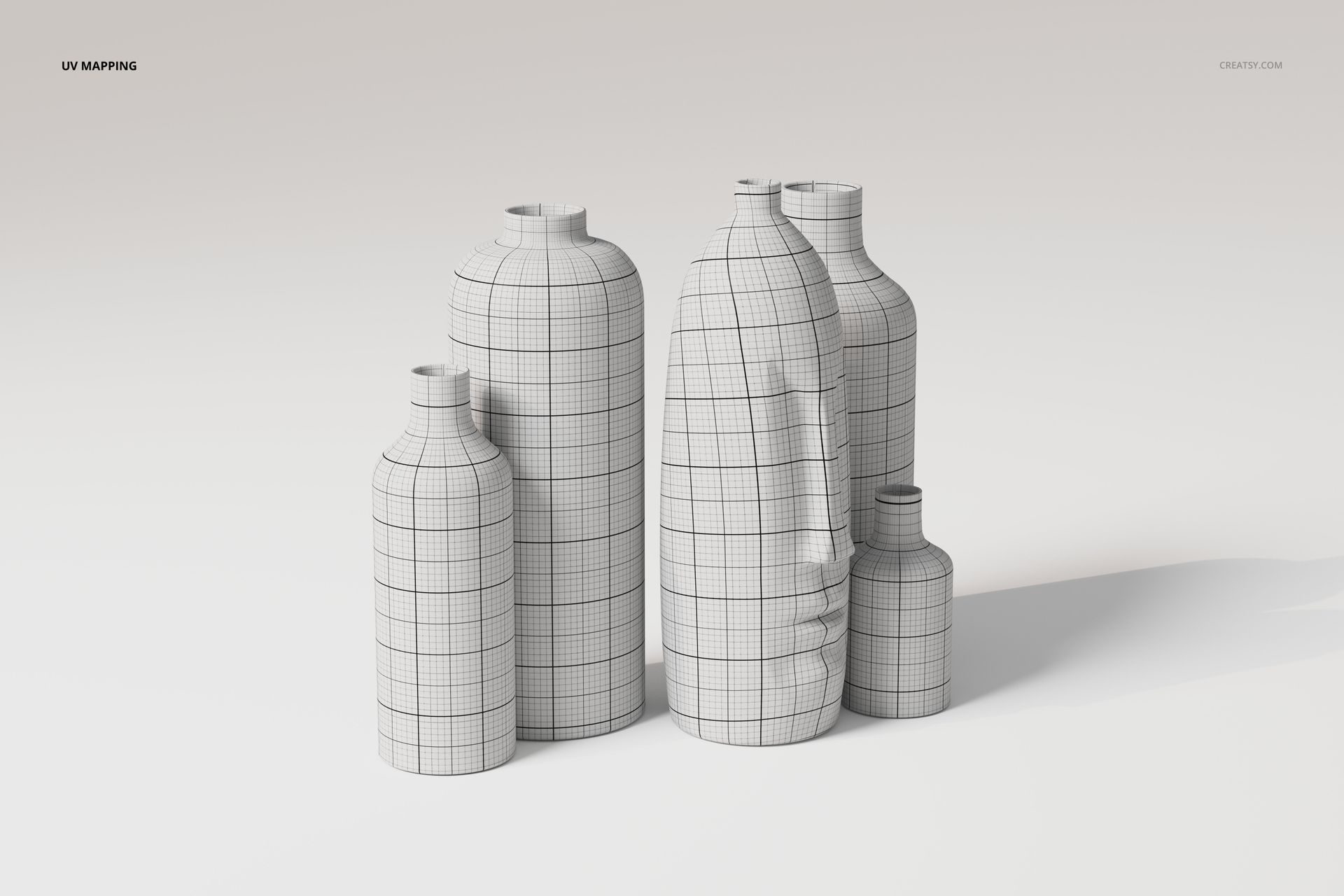 Front view of six sculptural minimalist vases in various sizes, shown with wireframe grid texture on a light surface.